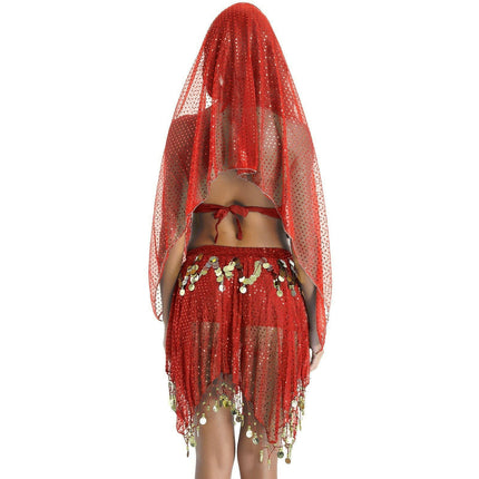 Tiaobug Women's Shop Women Halter Sequins Tassels Belly-Dance-Costume Tops+Wrap Skirt Set