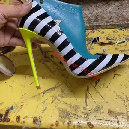 Women 12cm Yellow Zebra Striped Pump High Heels - High Heels - Wetkiss - Mad Fly Essentials