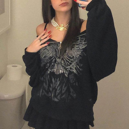 Women 2000s Retro Punk Emo Skull Hoodies - Hoodies - MusLotus - Mad Fly Essentials