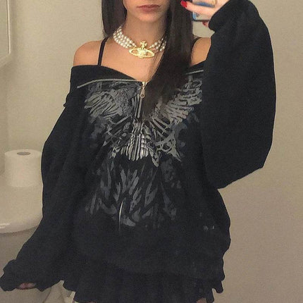 Women 2000s Retro Punk Emo Skull Hoodies - Hoodies - MusLotus - Mad Fly Essentials