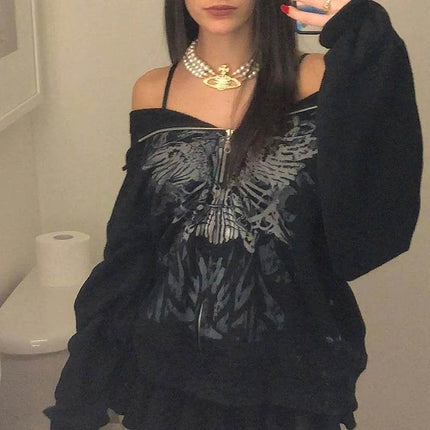 Women 2000s Retro Punk Emo Skull Hoodies - Hoodies - MusLotus - Mad Fly Essentials