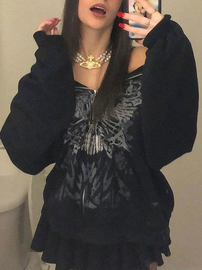 Women 2000s Retro Punk Emo Skull Hoodies - Hoodies - MusLotus - Mad Fly Essentials