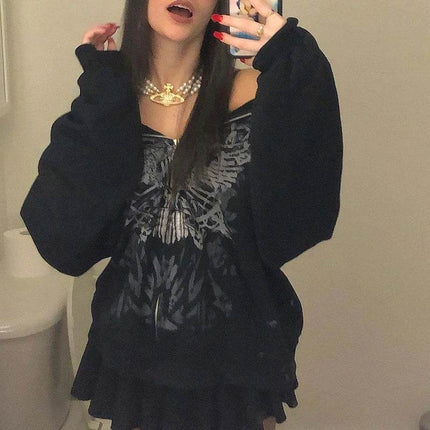 Women 2000s Retro Punk Emo Skull Hoodies - Hoodies - MusLotus - Mad Fly Essentials