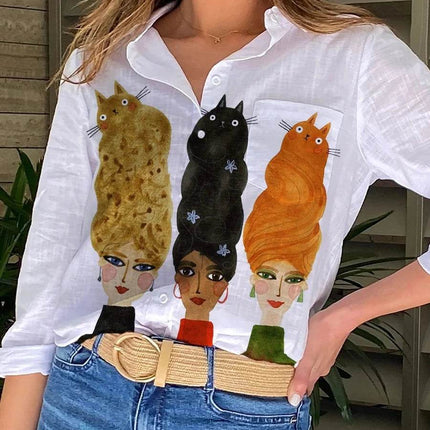 Women 3D Cat Button Down Animal Shirt - Shirt - Jeans Fritz - Mad Fly Essentials