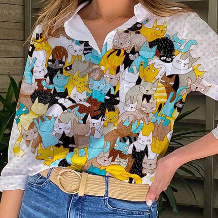 Women 3D Cat Button Down Animal Shirt - Shirt - Jeans Fritz - Mad Fly Essentials