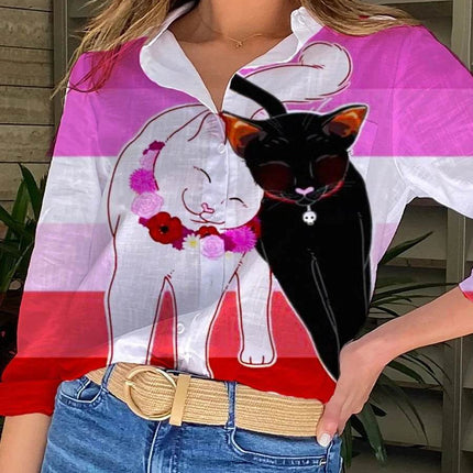 Women 3D Cat Button Down Animal Shirt - Shirt - Jeans Fritz - Mad Fly Essentials