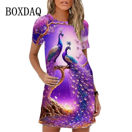 Women 3D Graffiti Cat Peacock Animal Mini Dress - Mini Dress - BOXDAQ - Mad Fly Essentials