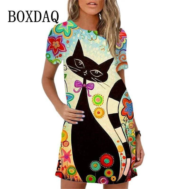 Women 3D Graffiti Cat Peacock Animal Mini Dress - Mini Dress - BOXDAQ - Mad Fly Essentials