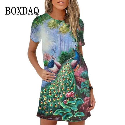 Women 3D Graffiti Cat Peacock Animal Mini Dress - Mini Dress - BOXDAQ - Mad Fly Essentials