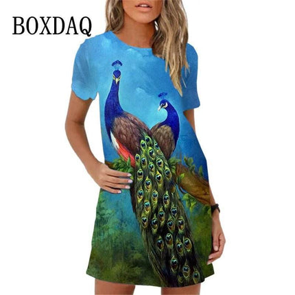 Women 3D Graffiti Cat Peacock Animal Mini Dress - Mini Dress - BOXDAQ - Mad Fly Essentials