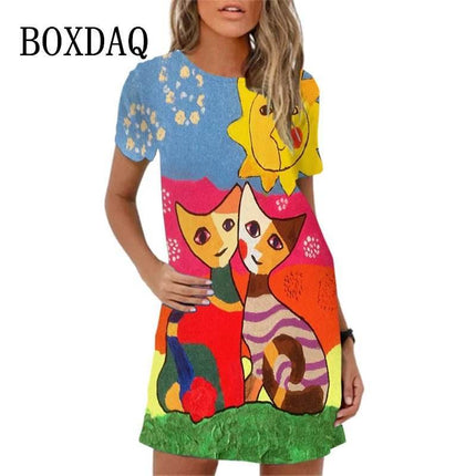 Women 3D Graffiti Cat Peacock Animal Mini Dress - Mini Dress - BOXDAQ - Mad Fly Essentials