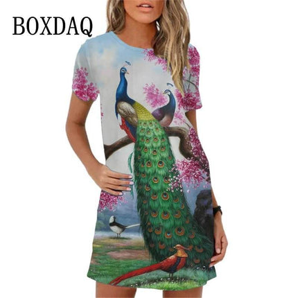 Women 3D Graffiti Cat Peacock Animal Mini Dress - Mini Dress - BOXDAQ - Mad Fly Essentials