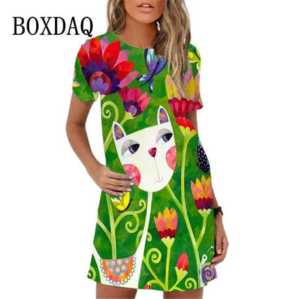 Women 3D Graffiti Cat Peacock Animal Mini Dress - Mini Dress - BOXDAQ - Mad Fly Essentials