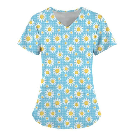 Women 3D Short Floral Daisy Nursing Scrub - Nursing Scrub - PIERESA - Mad Fly Essentials