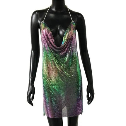Women Halter Backless Sequin Low Cut Clubwear Mini Dress - Mini Dress - FestivalQueen - Mad Fly Essentials