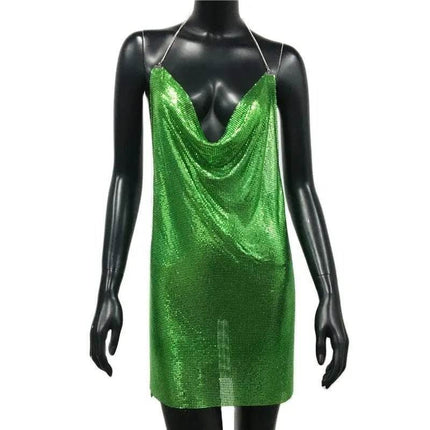 Women Halter Backless Sequin Low Cut Clubwear Mini Dress - Mini Dress - FestivalQueen - Mad Fly Essentials