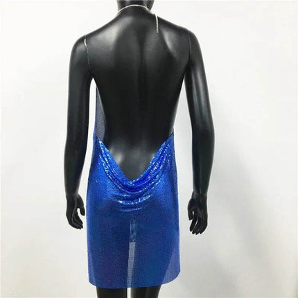 Women Halter Backless Sequin Low Cut Clubwear Mini Dress - Mini Dress - FestivalQueen - Mad Fly Essentials