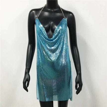 Women Halter Backless Sequin Low Cut Clubwear Mini Dress - Mini Dress - FestivalQueen - Mad Fly Essentials