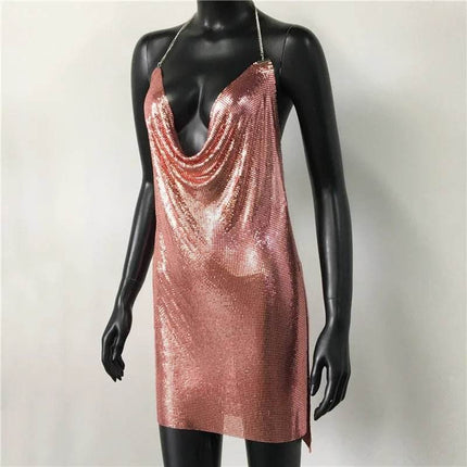 Women Halter Backless Sequin Low Cut Clubwear Mini Dress - Mini Dress - FestivalQueen - Mad Fly Essentials
