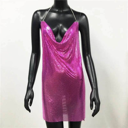Women Halter Backless Sequin Low Cut Clubwear Mini Dress - Mini Dress - FestivalQueen - Mad Fly Essentials