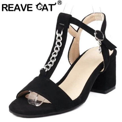 Women Black Chain Peep Toe Buckle High Heels - High Heels - Reave Cat - Mad Fly Essentials