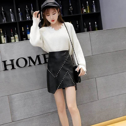 Women Black Leather Rivet Mini Skirt - Mini Skirt - Modli - Mad Fly Essentials