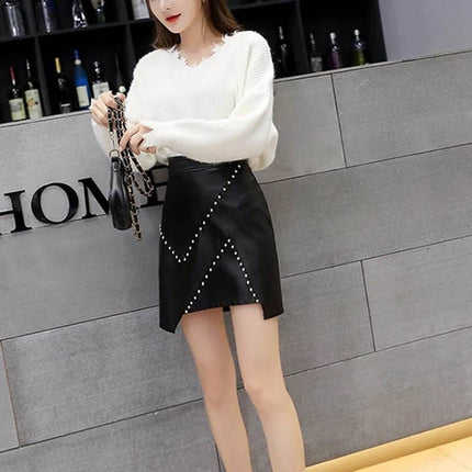 Women Black Leather Rivet Mini Skirt - Mini Skirt - Modli - Mad Fly Essentials