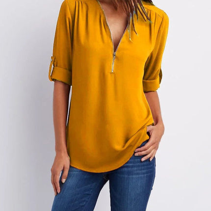 Women Blouse Solid Loose Zip Pullover Shirt Tops - Women Blouse - Bleasendy - Mad Fly Essentials