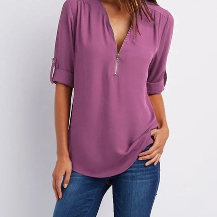 Women Blouse Solid Loose Zip Pullover Shirt Tops - Women Blouse - Bleasendy - Mad Fly Essentials