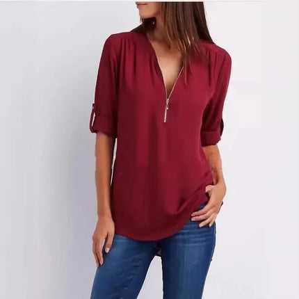 Women Blouse Solid Loose Zip Pullover Shirt Tops - Women Blouse - Bleasendy - Mad Fly Essentials