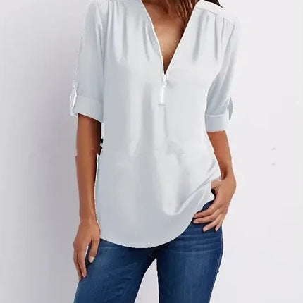 Women Blouse Solid Loose Zip Pullover Shirt Tops - Women Blouse - Bleasendy - Mad Fly Essentials