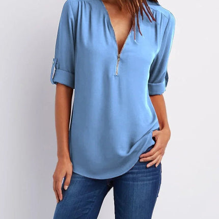 Women Blouse Solid Loose Zip Pullover Shirt Tops - Women Blouse - Bleasendy - Mad Fly Essentials