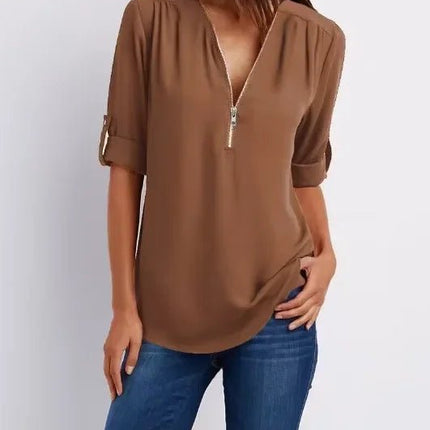 Women Blouse Solid Loose Zip Pullover Shirt Tops - Women Blouse - Bleasendy - Mad Fly Essentials