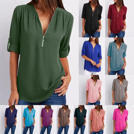 Women Blouse Solid Loose Zip Pullover Shirt Tops - Women Blouse - Bleasendy - Mad Fly Essentials