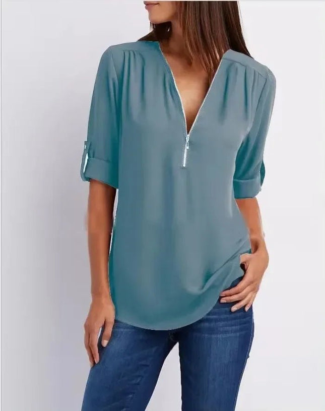 Women Blouse Solid Loose Zip Pullover Shirt Tops - Women Blouse - Bleasendy - Mad Fly Essentials