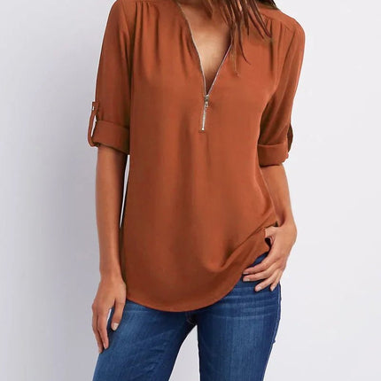 Women Blouse Solid Loose Zip Pullover Shirt Tops - Women Blouse - Bleasendy - Mad Fly Essentials