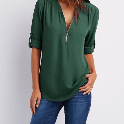Women Blouse Solid Loose Zip Pullover Shirt Tops - Women Blouse - Bleasendy - Mad Fly Essentials