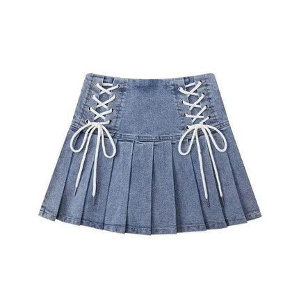 Women Blue Denim A - Line Drawstring Skirt - Skirt - Matakawa - Mad Fly Essentials