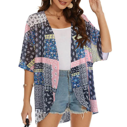 Women Blue Floral Swimwear Coverup Kimono Beach Dress - Beach Dress - perlike - Mad Fly Essentials