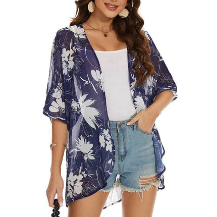 Women Blue Floral Swimwear Coverup Kimono Beach Dress - Beach Dress - perlike - Mad Fly Essentials