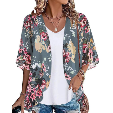 Women Blue Floral Swimwear Coverup Kimono Beach Dress - Beach Dress - perlike - Mad Fly Essentials