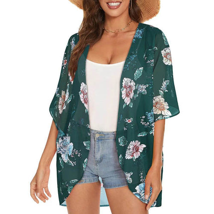 Women Blue Floral Swimwear Coverup Kimono Beach Dress - Beach Dress - perlike - Mad Fly Essentials