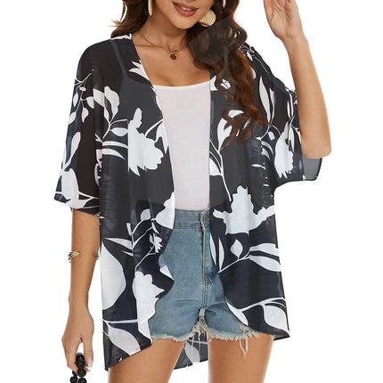 Women Blue Floral Swimwear Coverup Kimono Beach Dress - Beach Dress - perlike - Mad Fly Essentials