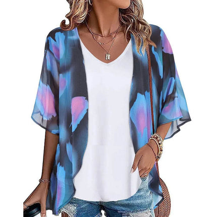 Women Blue Floral Swimwear Coverup Kimono Beach Dress - Beach Dress - perlike - Mad Fly Essentials