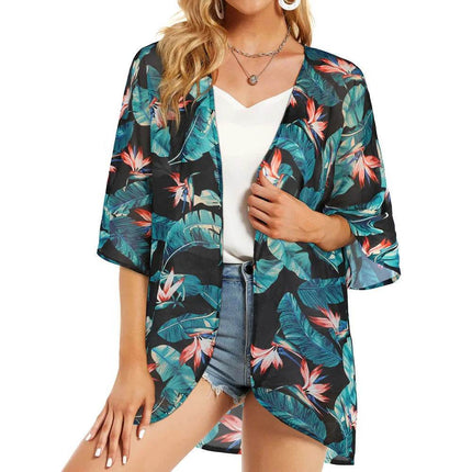 Women Blue Floral Swimwear Coverup Kimono Beach Dress - Beach Dress - perlike - Mad Fly Essentials