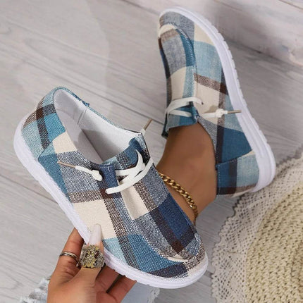 Women Blue Lattice Slip - on Boat Sneakers Loafer Flats - Flats - Animal Unicorn - Mad Fly Essentials