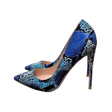 Women Blue Python Snakeskin Pointed Toe High Heels - High Heels - Tikicup - Mad Fly Essentials