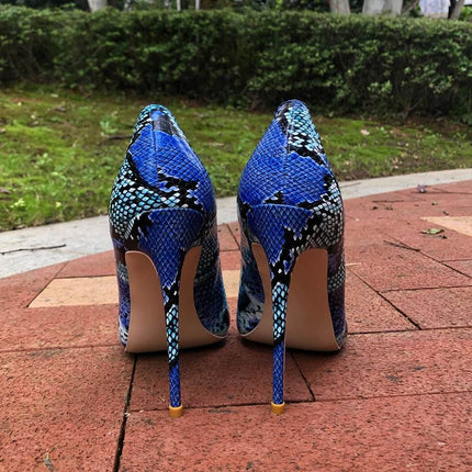 Women Blue Python Snakeskin Pointed Toe High Heels - High Heels - Tikicup - Mad Fly Essentials