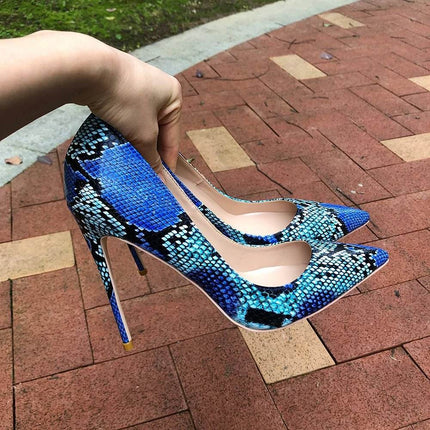 Women Blue Python Snakeskin Pointed Toe High Heels - High Heels - Tikicup - Mad Fly Essentials