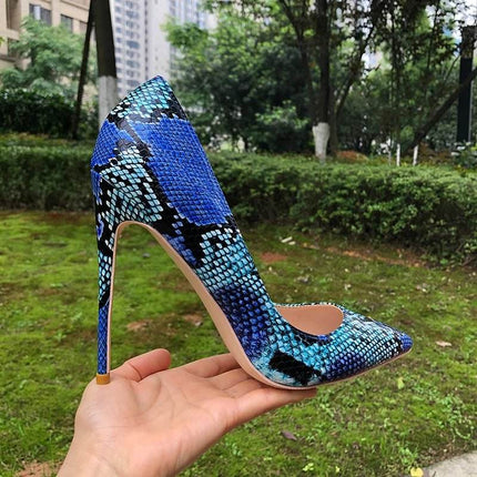 Women Blue Python Snakeskin Pointed Toe High Heels - High Heels - Tikicup - Mad Fly Essentials
